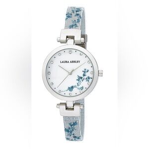 NEW Laura Ashley Silver Watch with Blue Floral Accents